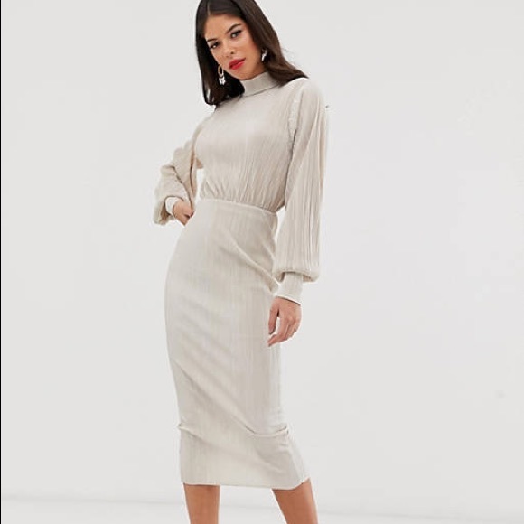 ASOS DESIGN Plisse High Neck Ballon Sleeve Open Back Midi Dress - Picture 2 of 9